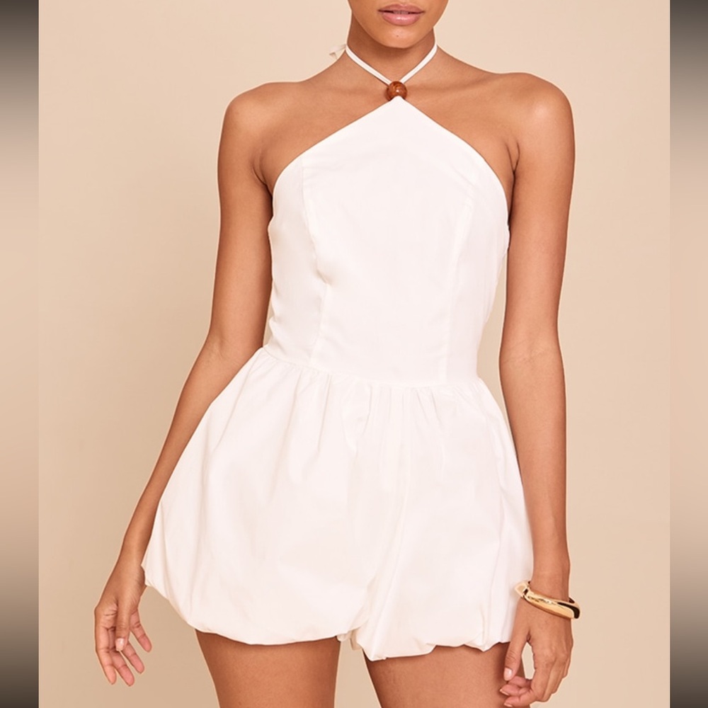 PrettyLittleThing White Halterneck Puffball Romper